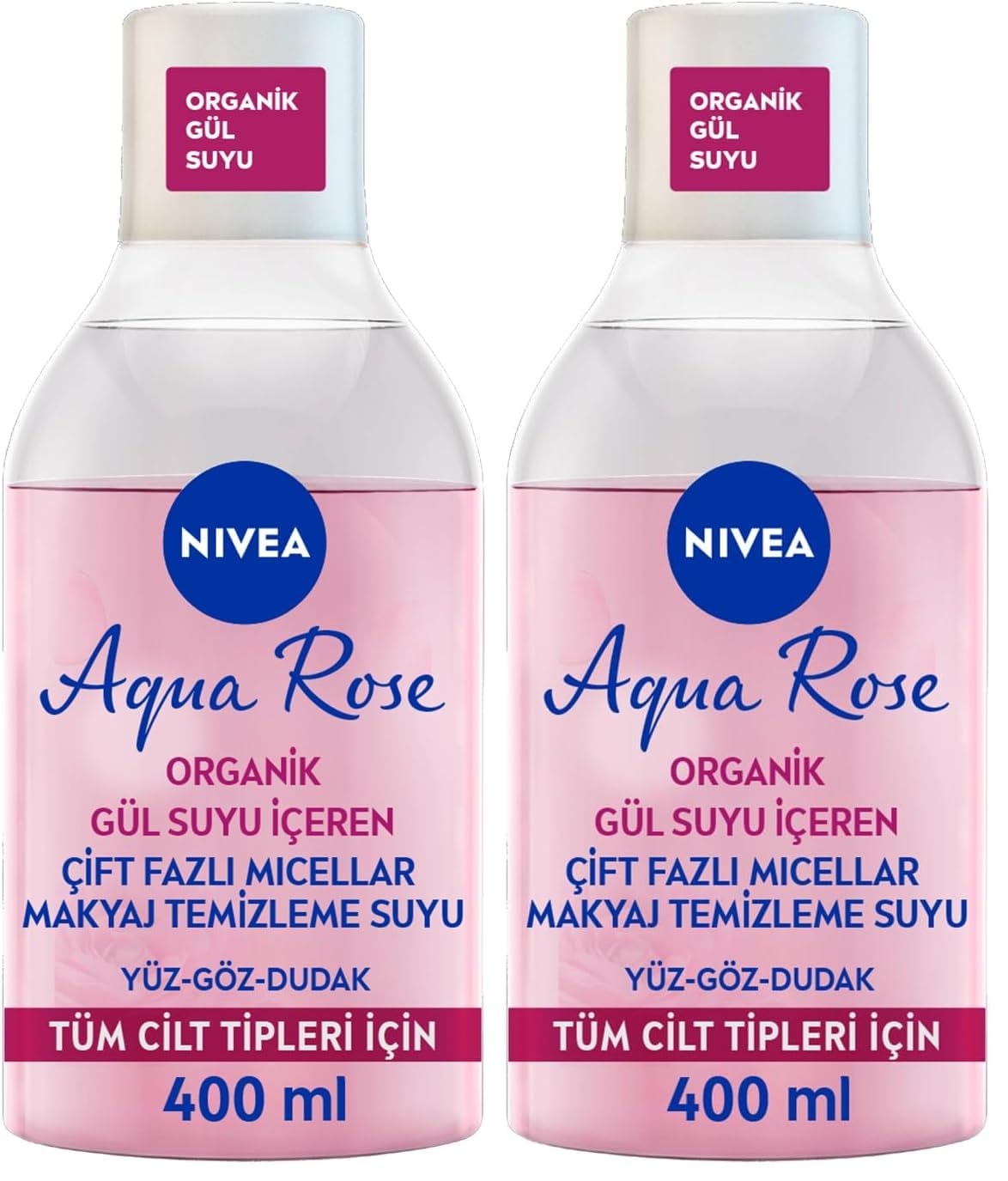 NIVEA Aqua Rose Organik Gül Suyu İçeren Çift Fazlı Makyaj Temizleme Suyu, 400 ml, Tüm Cilt Tipleri için, Yüz, Göz ve Dudak Temizleme, Tonik Etkisi (2 paketi)