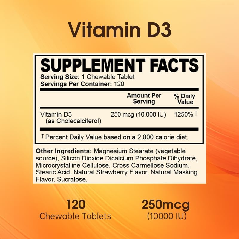 Vitamin D3 10000 IU (250 mcg) - Cholecalciferol,D3 Supplement, Vitamin D 10000 IU - 120 Chewable Tablets