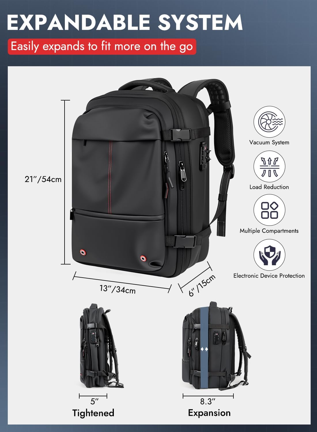 Travel Vacuum Backpack with Pump, TSA Friendly Vacuum Sealed Backpack, 21''x13''x 6'' Compression Suitcase for Flight, Travel Luggage Business Storage(Black) - Image 5