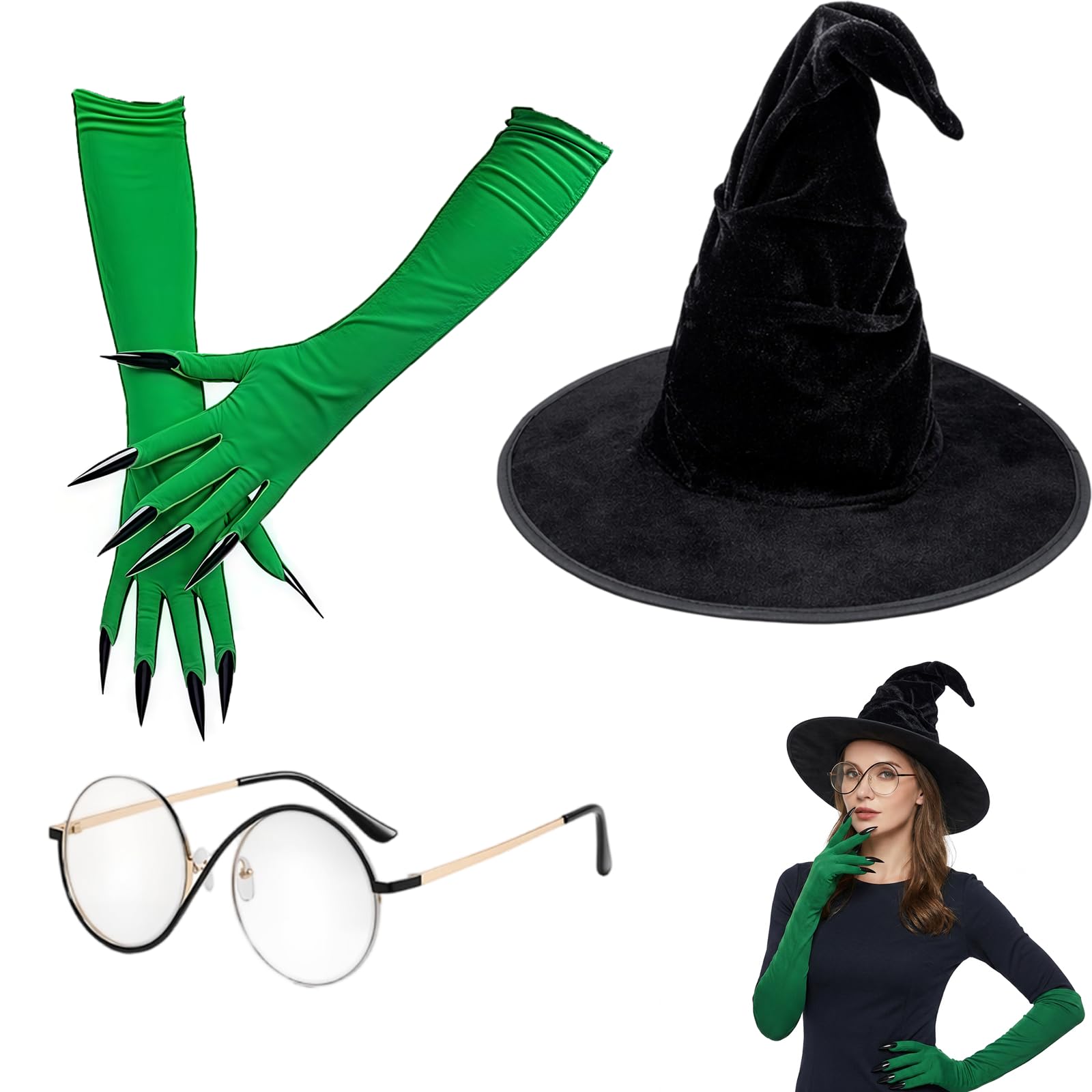 Eivxxky Elphaba Costume Adult, Witch Hat Glasses Nails 3-Piece Set