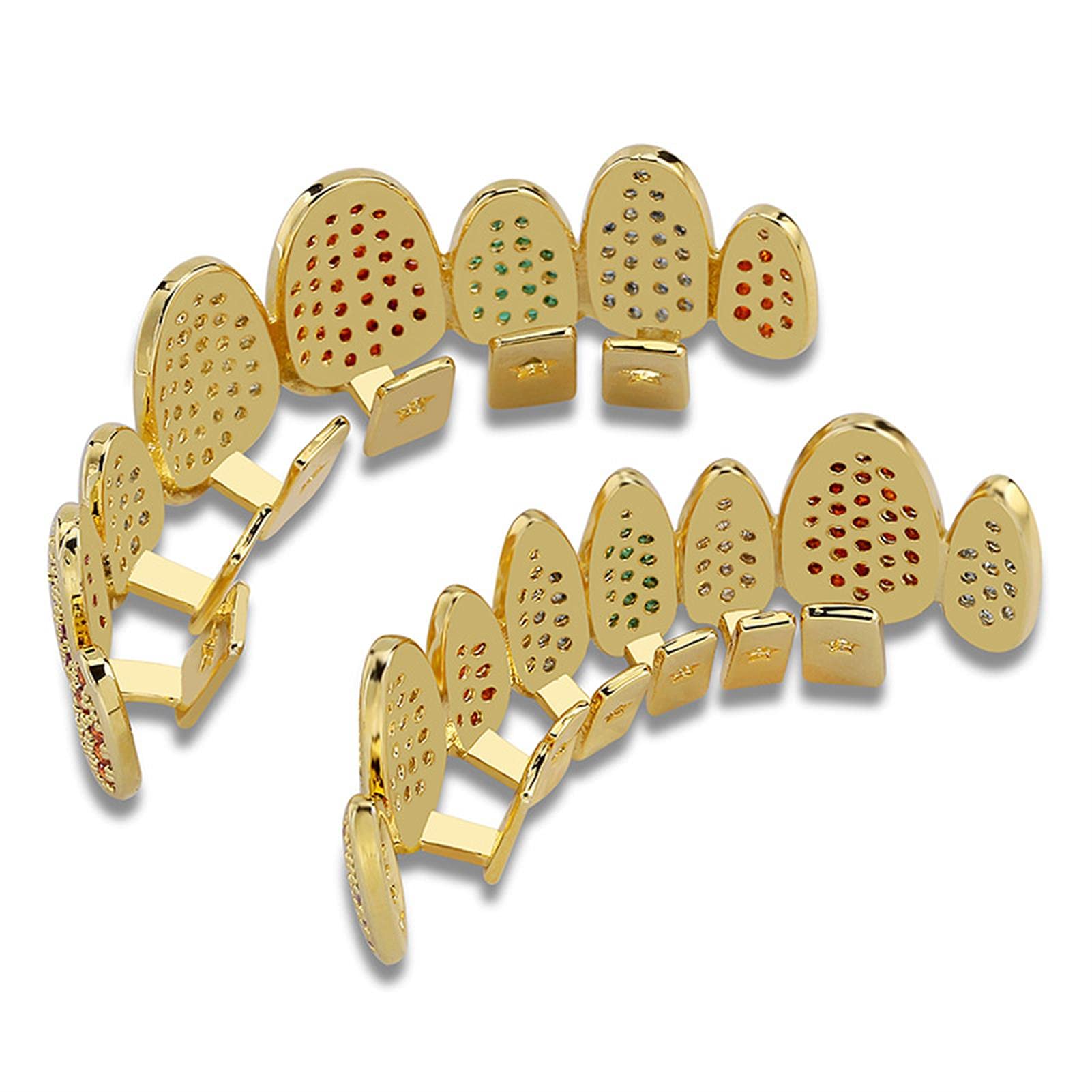 hixswnu Hip Hop Uni nieregularny pozłacany 18-karatowym złotem Iced Out CZ sztuczny diamentowy zestaw Grillz dla mężczyzn i kobiet, unikalne akcesoria do górnych dolnych zębów dla osobistego stylu