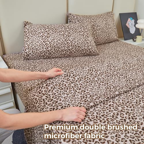 Bedmoon Full Leopard Sheets, Brown Cheetah Pattern Sheets With Corner Straps, Cozy Animal Print Bed Sheet Set With Non-Slip Fitted Sheet thumb #1