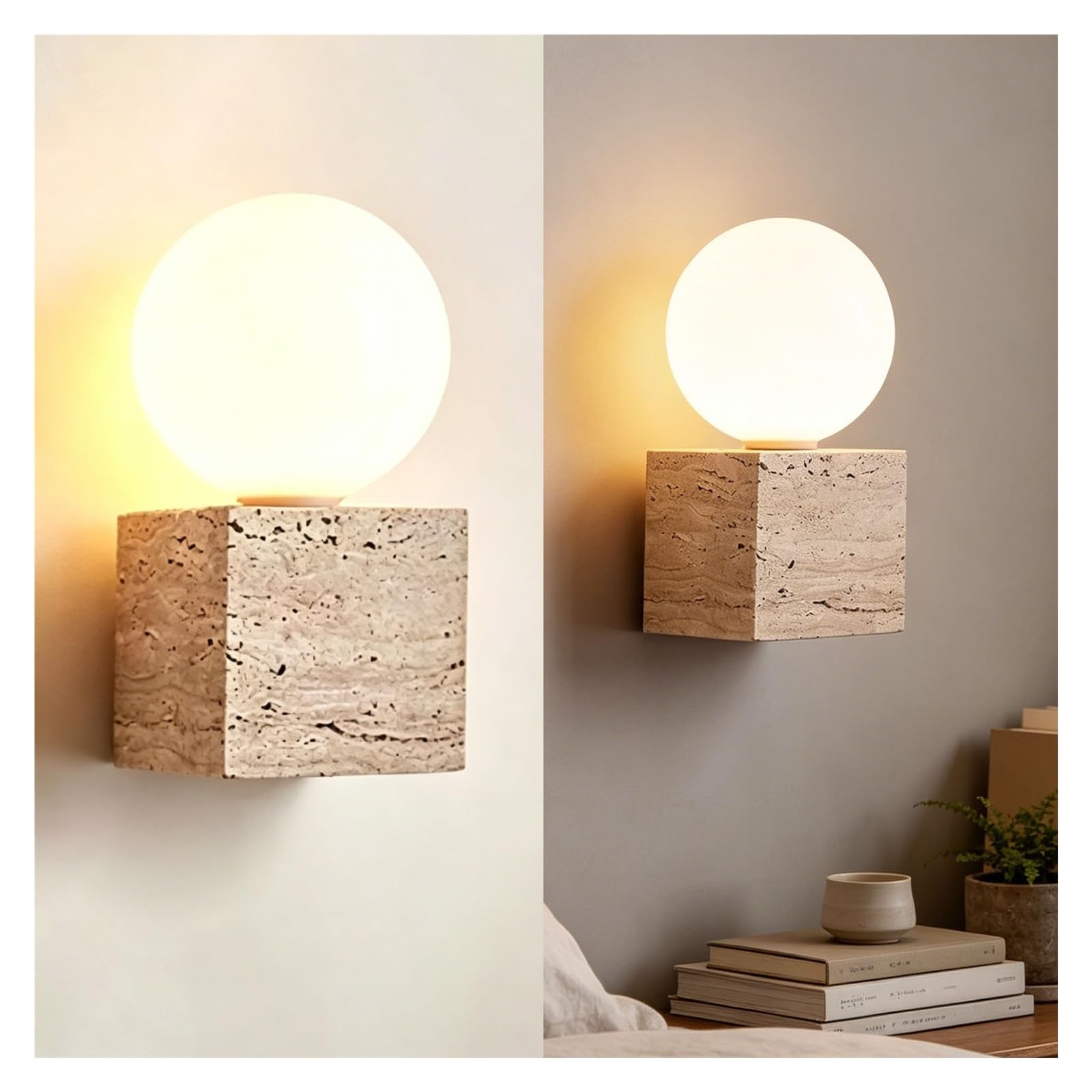 LUOYAOB Modern Travertine Wall Sconce Globe Glass Wall Lamp Bedroom Living Room Hallway Stairway Bathroom Entryway Stone Wall Light Minimalist Contemporary Home Lighting Fixture