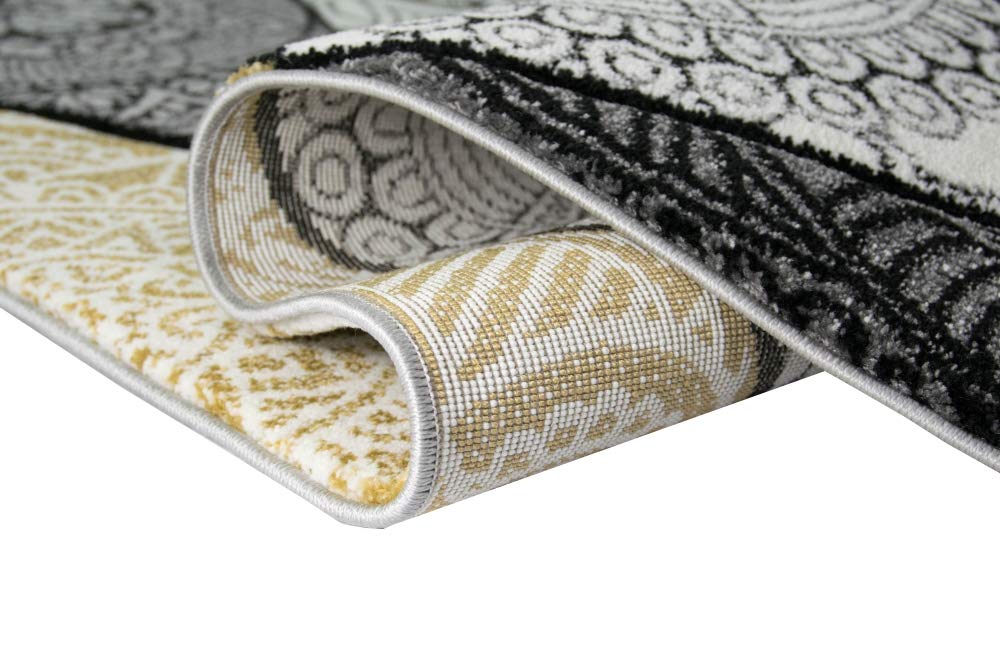 Teppich modern Teppich Wohnzimmer Rauten mit Ornamenten in grau senfgelb Creme Größe 80x150 cm