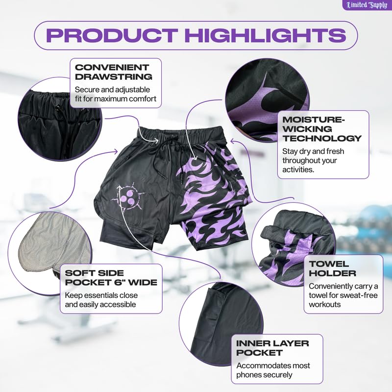 CROWN Anime Shorts - Breathable Stretch Compression Gym Short with Pockets and Towel Holder (L-Blackpcursedmark)3