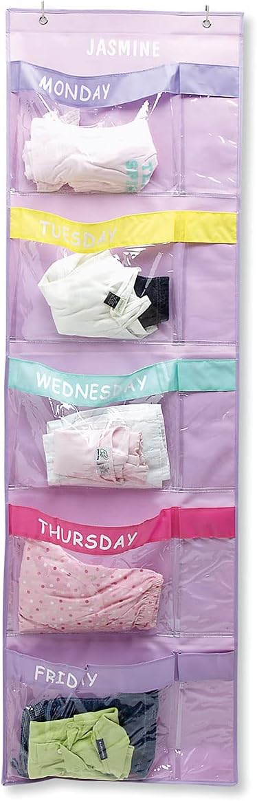 Lillian Vernon Primary Colors Days Of The Week Hanging Clothing Organizer–Personalize With Name, Weekly Monday-Friday Over Door Weekday Kids Clothes Storage System, Sturdy Primary Poly, 19-1/2" x 62"