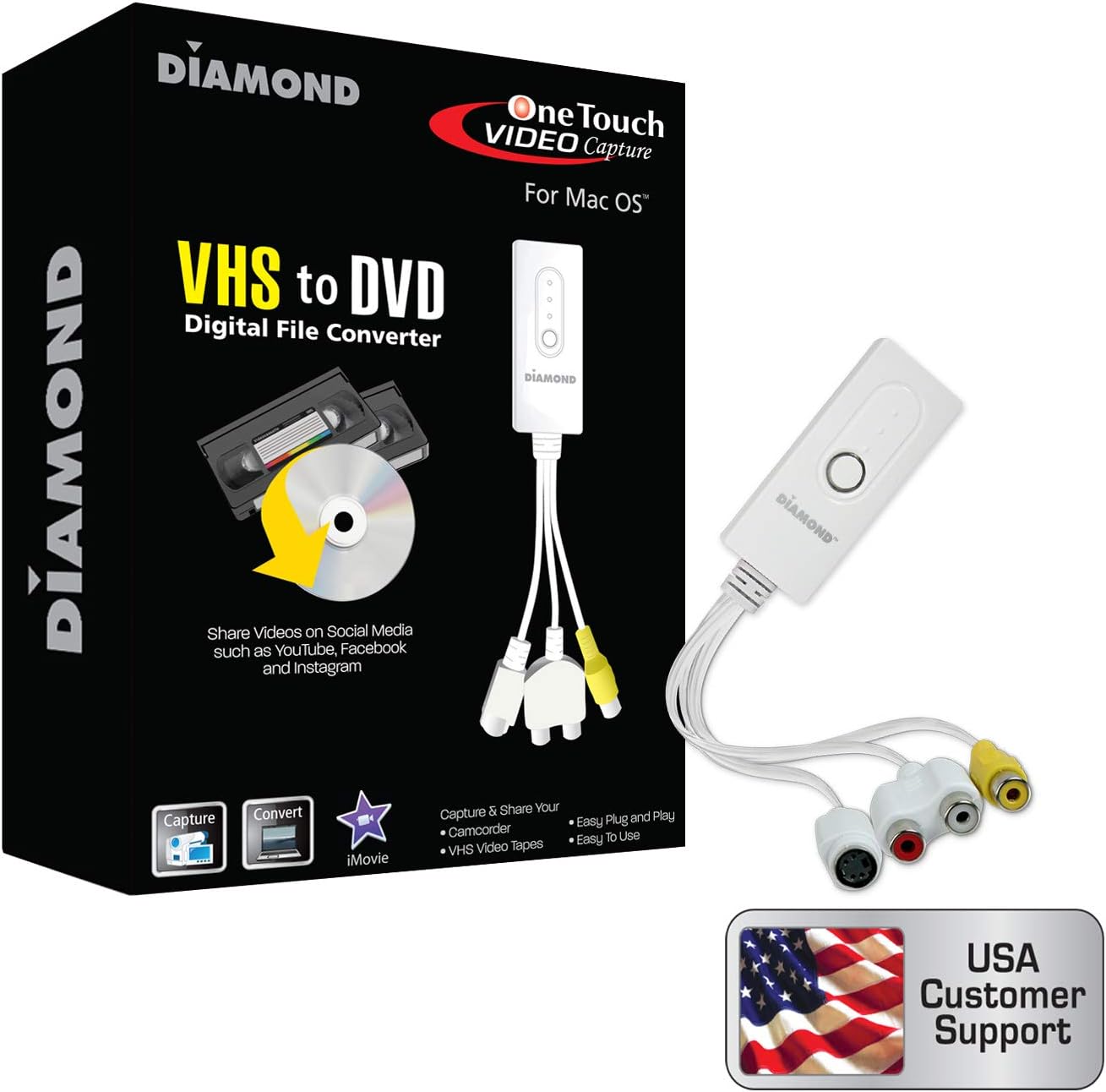 Diamond Multimedia Vc500Mac Usb 2.0 One Touch Vhs To Dvd Video Capture Device With Easy To Use Software, Convert, Edit And Save To Digital Files For Macos
