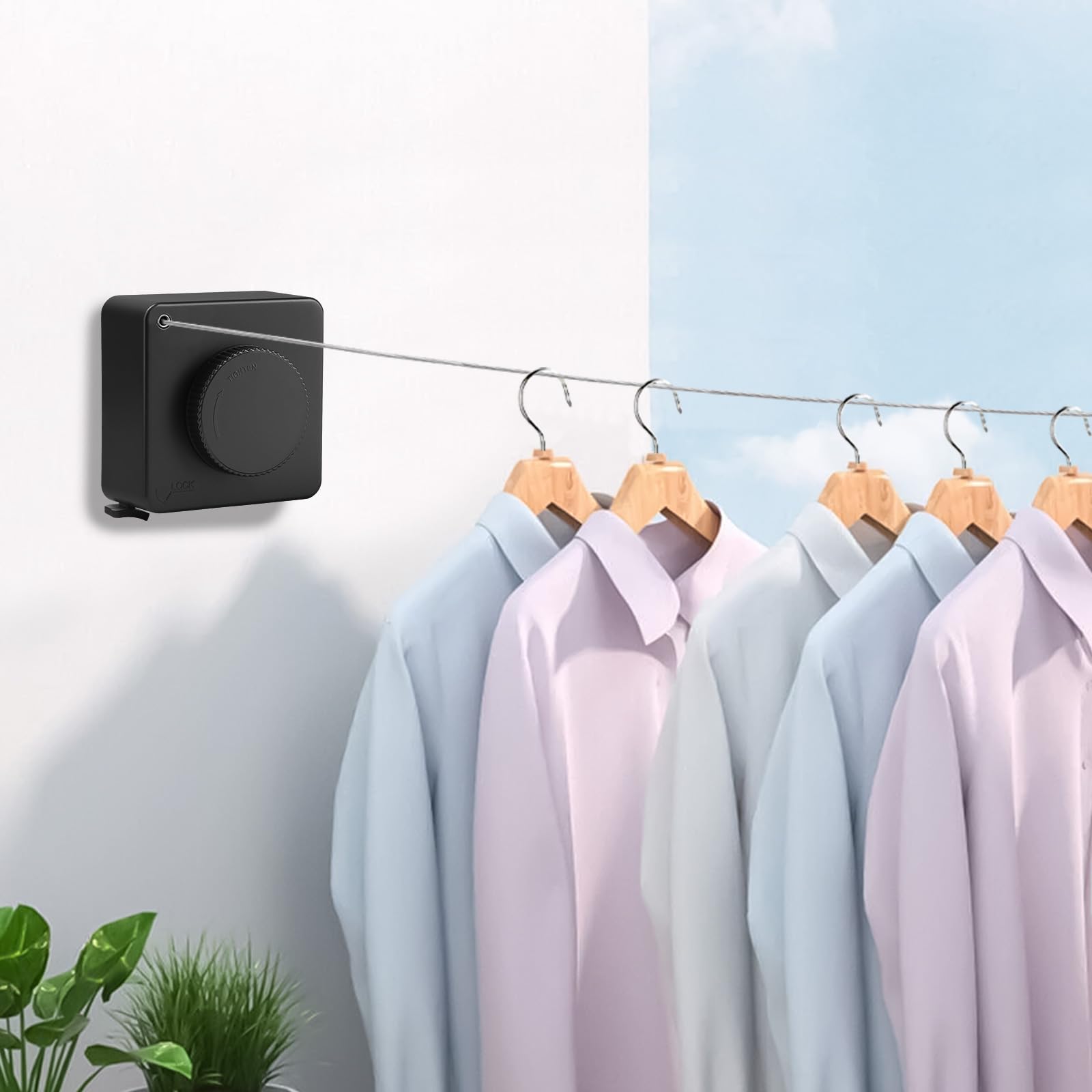 Corde à Linge Rétractable pour Intérieur et Extérieur 4.8m Acier Inoxydable | Aucun Perçage Requis, Extensible Ligne à Laver Murale sans Affaissement, Fil à Linge pour Appartement, Hôtel, Buanderie, Noir