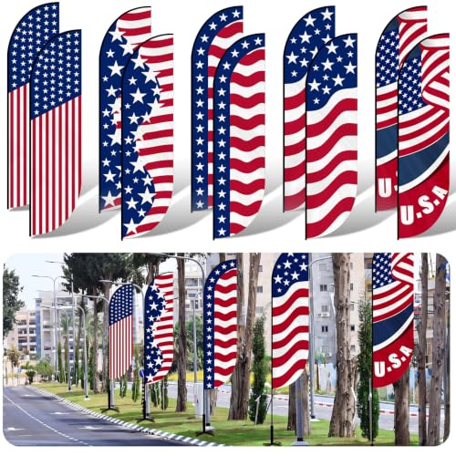 Mixweer 10 Pcs Patriotic USA Feather Flag 4th of July American Swooper Flag American Stars Stripes Swooper Banner for Independence Day Outdoor Decorations 1.6 x 6.6 ft No Pole
