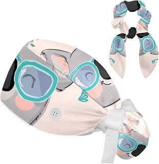 FVQL 2 Pieces Surgical Cap for Long Hair Scrub Cap with Hairband Nurse Cap, Floral and Koala Animal Cartoon