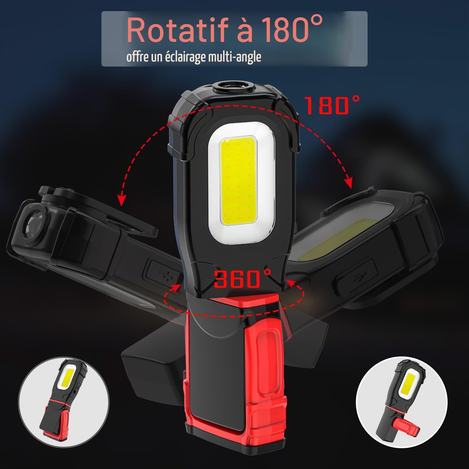 Lampe de travail LED, lampe de poche, lampe de travail 360° pivotante avec 3 modes d'éclairage, lampe d'atelier LED avec base magnétique et crochet, lampe d'inspection COB pour réparation