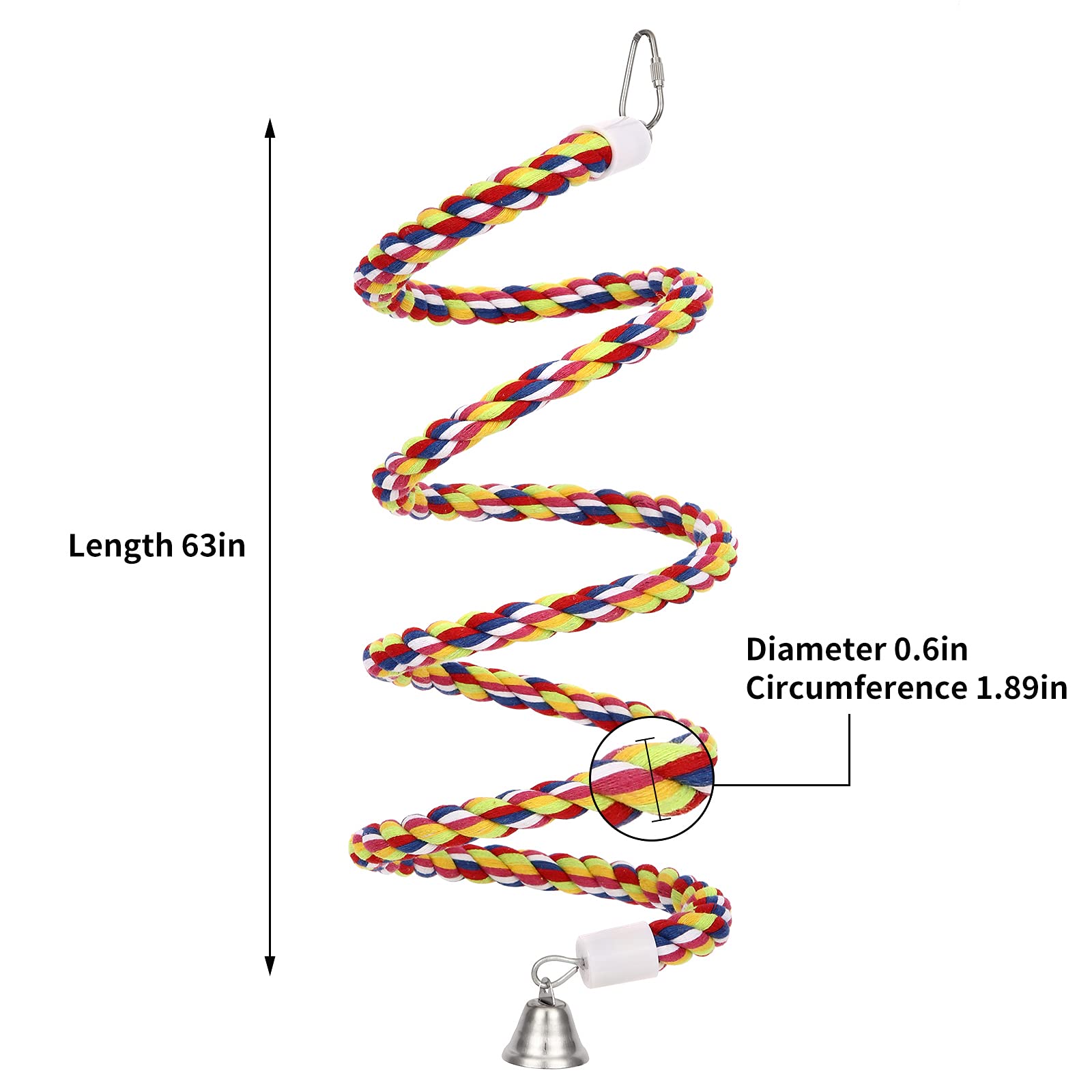 63'' Bird Rope Perches Birdcage Swing Toys 100% Cotton Natural Bird Perch Peck/Chewing with Bell Climbing Standing Bungee Parrot Toys for Small to Regular Size Parrot Cockatiel Birds