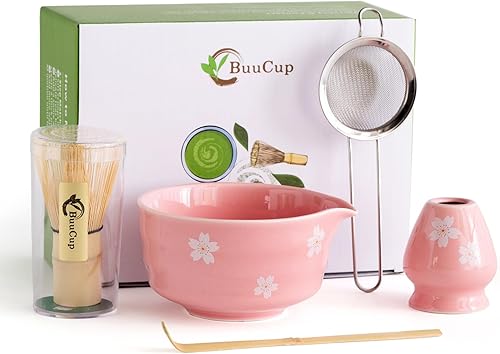 Miniatura 11 de Juego de Matcha Buucup, Juego de Cuenco de Matcha con Boca, Batidor de Matcha y Soporte, Cuchara de Bambú para Matcha y Tamiz de Acero Inoxidable -