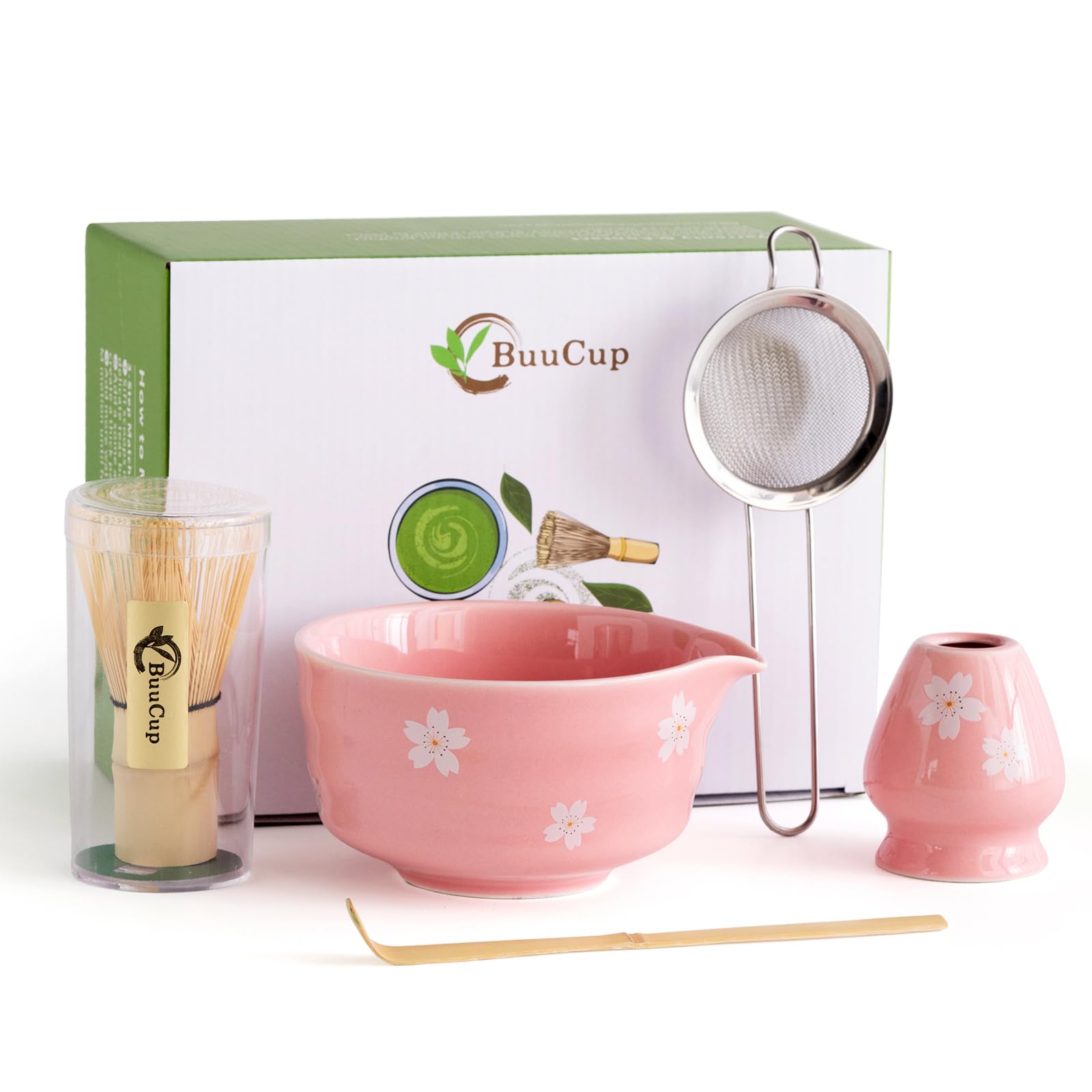 Buucup Matcha Whisk Set, Ceramic Matcha Bowl with Spout, Pink Matcha Kit