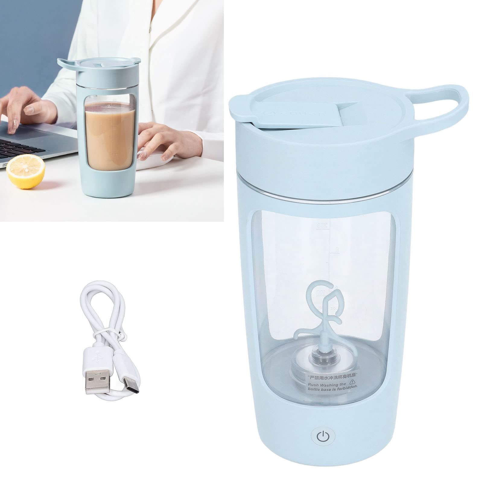 Bouteille Shaker électrique Portable avec Chargeur USB, Tasse Bleue BPA pour le Bureau et la Maison, 650 Ml