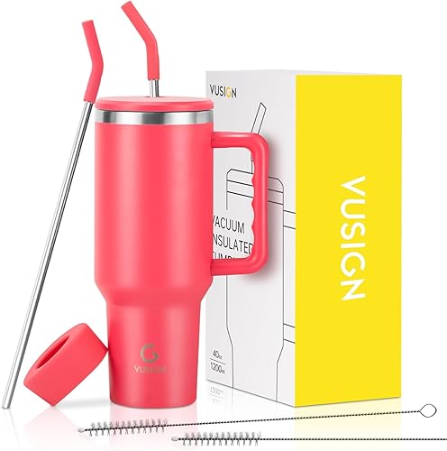 Miniatura 1 de VUSIGN Vaso de 40 onzas con asa y tapa con pajilla, vaso de acero inoxidable aislado al vacío, taza de viaje para agua, té helado, café, batido,