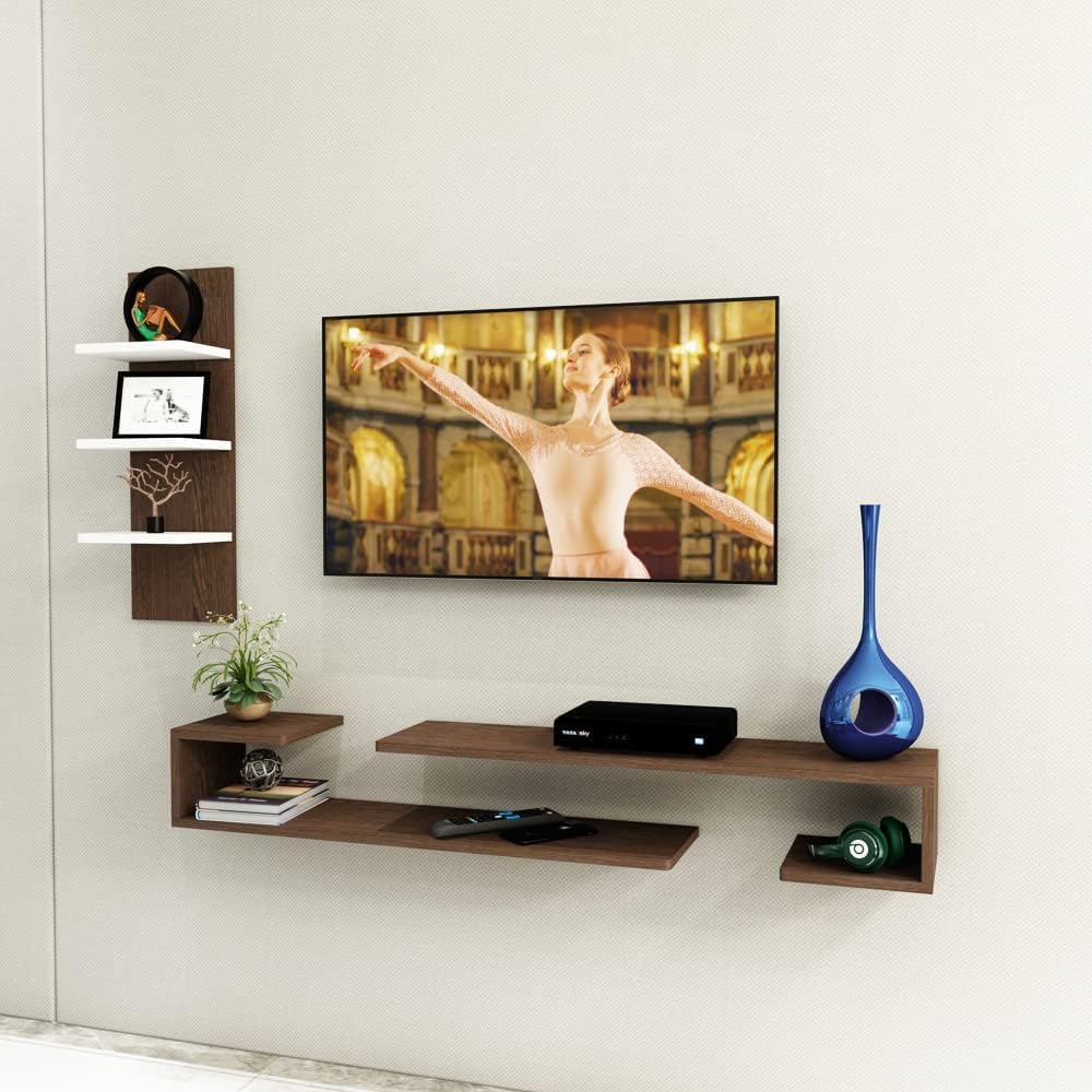 EVETO Wooden Wall Mounted U Shape TV Unit, Cabinet, with TV Stand Unit Wall Shelf for Living Room/Engineered Wood TV Entertainment Unit Set Top Box Stand/TV Cabinet (White-Brown)