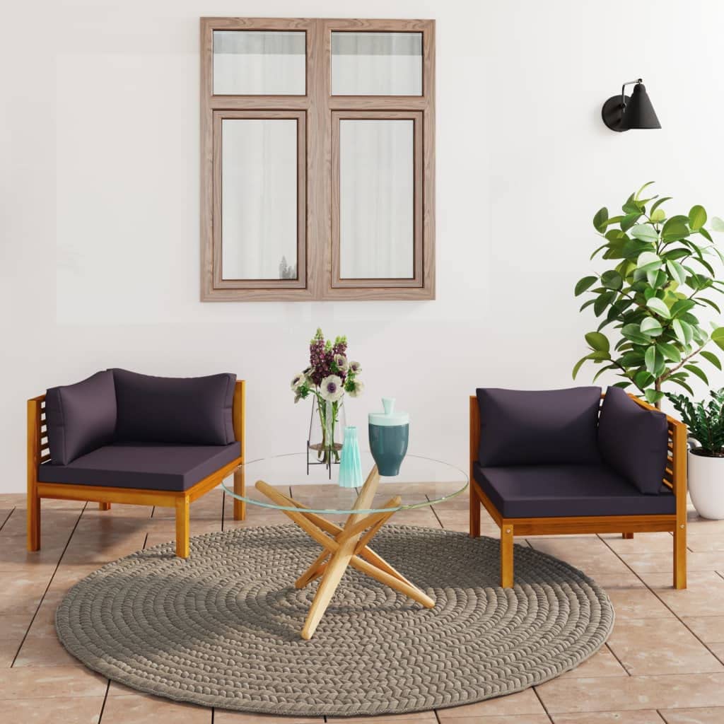 FIRBNUS Juego de 2 sofás esquineros con cojines de color gris oscuro para silla de jardín, muebles de exterior, salón de jardín exterior de madera maciza de acacia