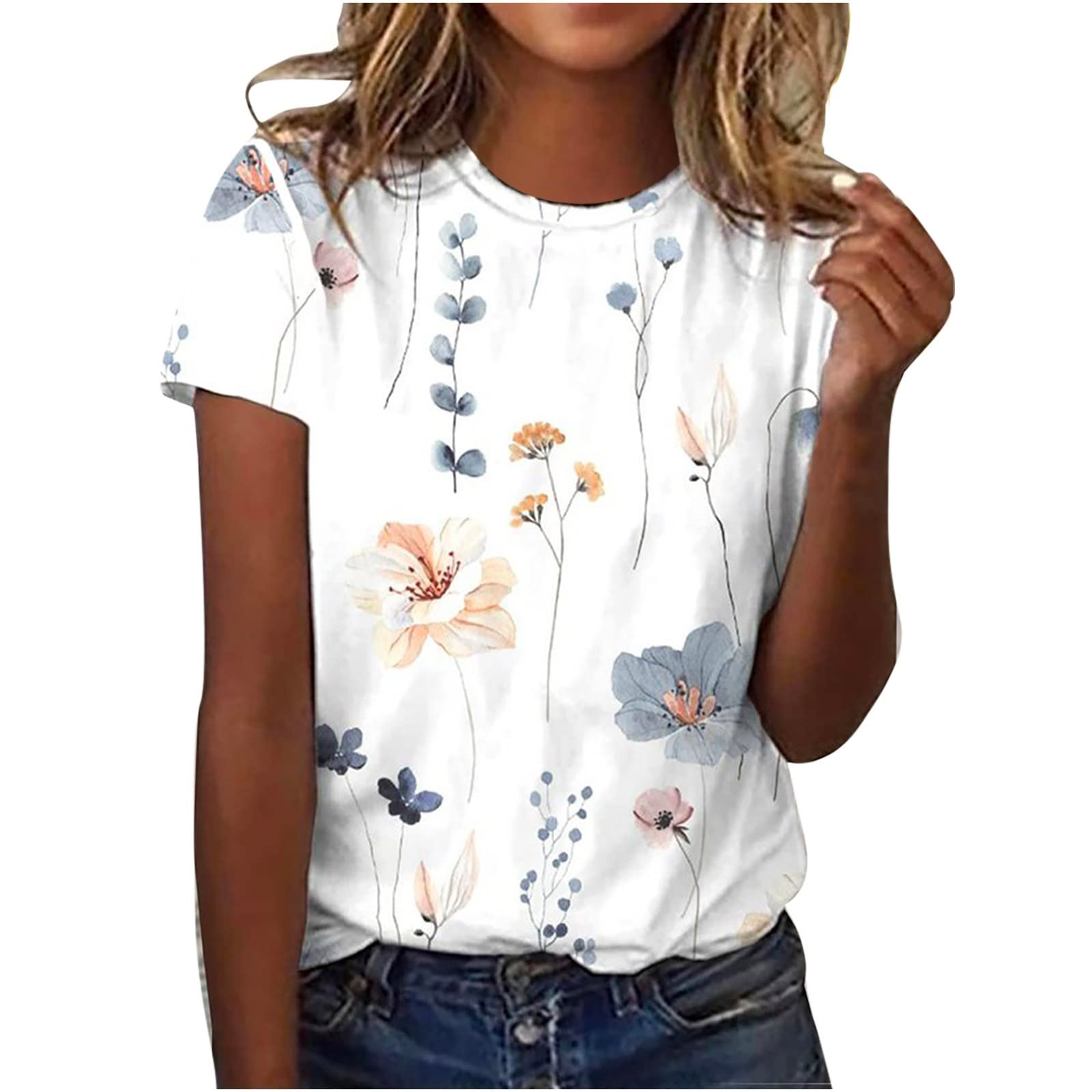 GenericElegant Violet Floral Graphic T Shirts for Women Summer Cool Cotton Tees Short Sleeve Round Neck Blouse Casual Loose Tops