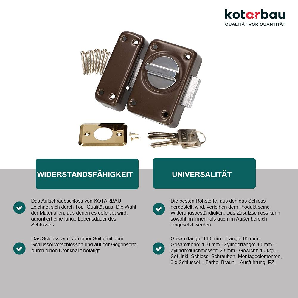 KOTARBAU® Aufschraubschloss 110 mm Kastenschloss Zustazschloss Türschloss Profilzylidner Türzusatzschloss Schloss Garagenschloss Torschloss Braun Top
