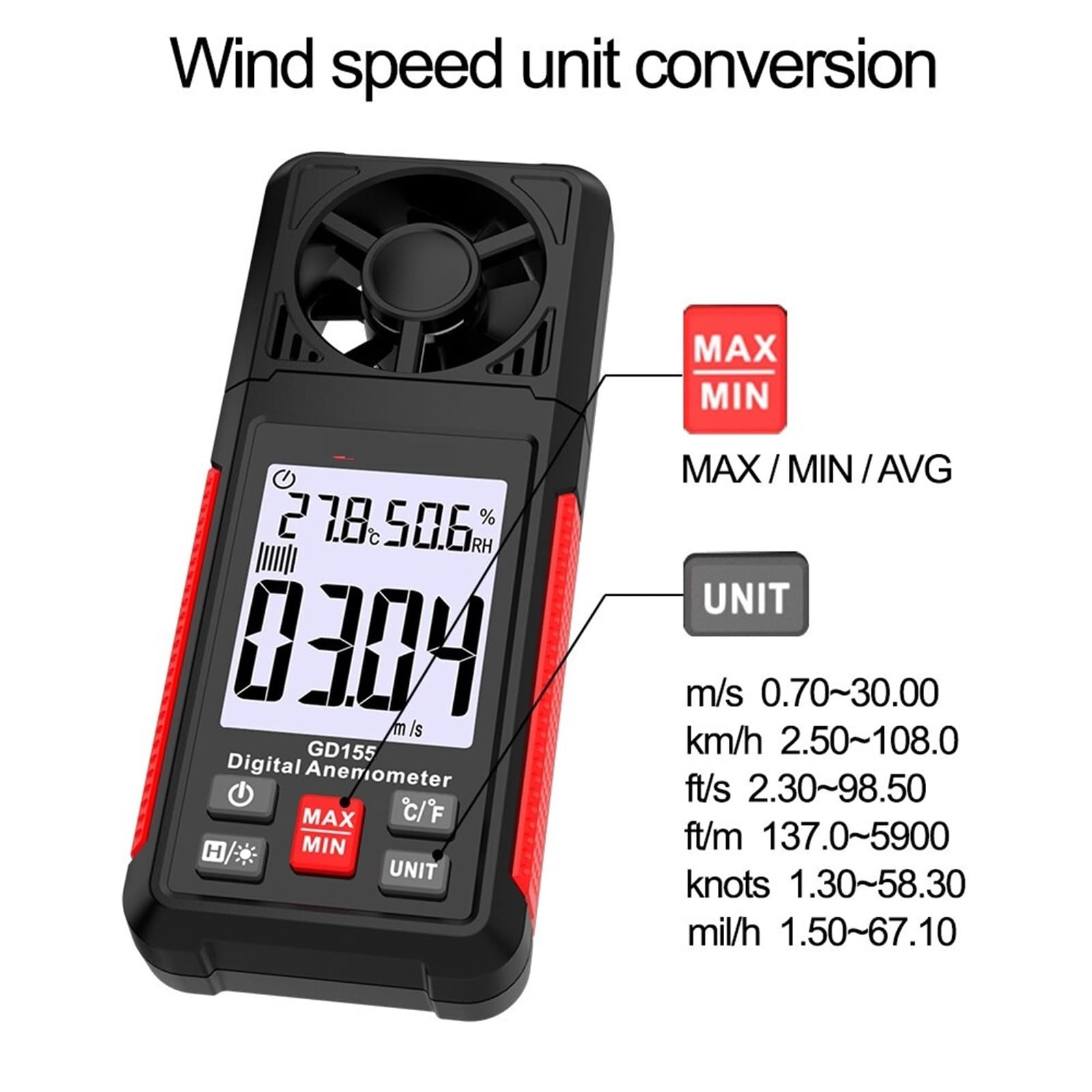 Anemómetro digital portátil GD155 for medir la velocidad del viento, la temperatura y la sensación térmica con retroiluminación.