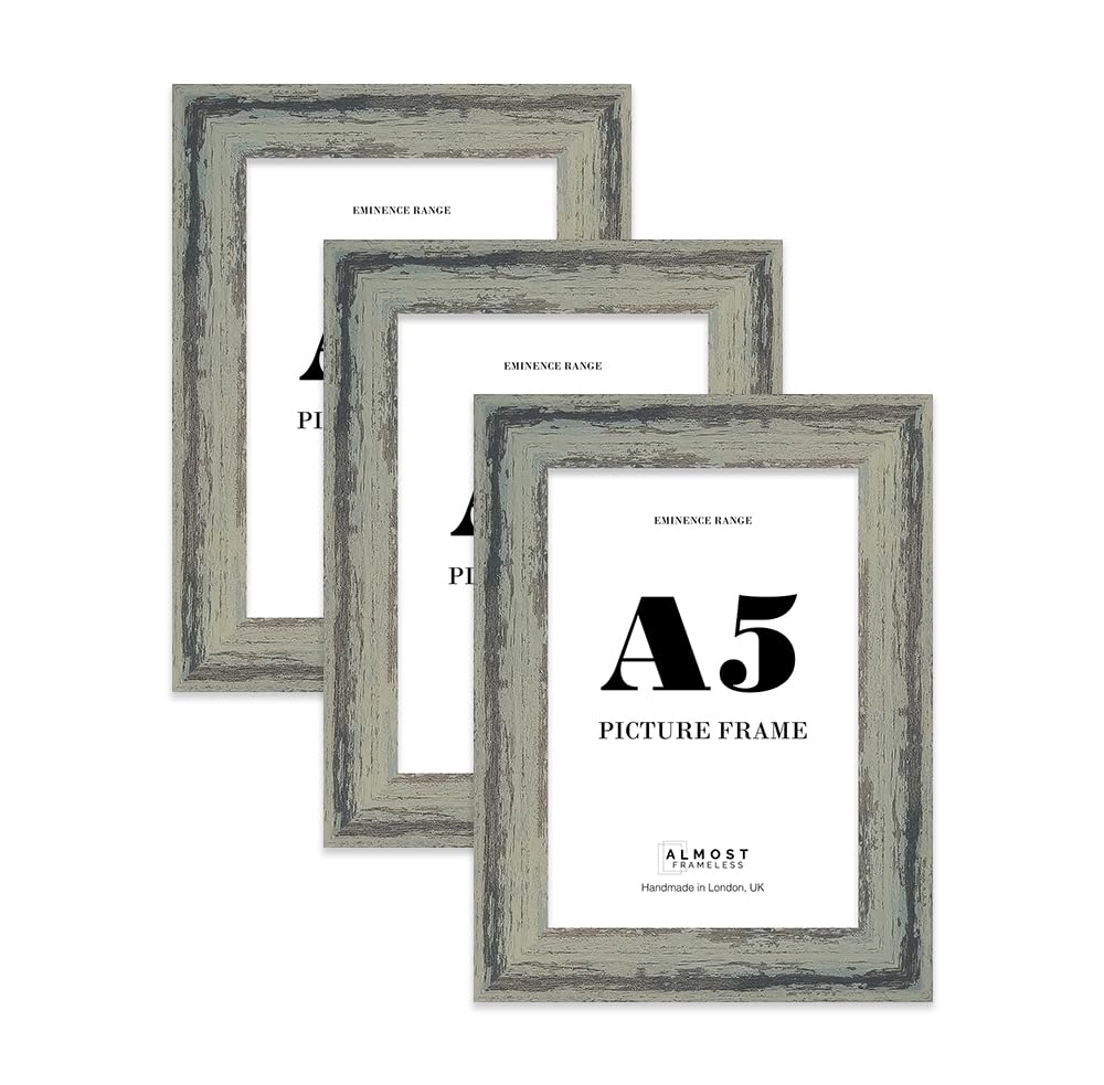 A5 Distressed Green Picture Frame - Rustic Wood Industrial Effect Photo Frame for Wall Display, Ideal for Posters, Prints & Home Décor, Wall Hooks and Kickstand, 32mm Edge - 3 Pack