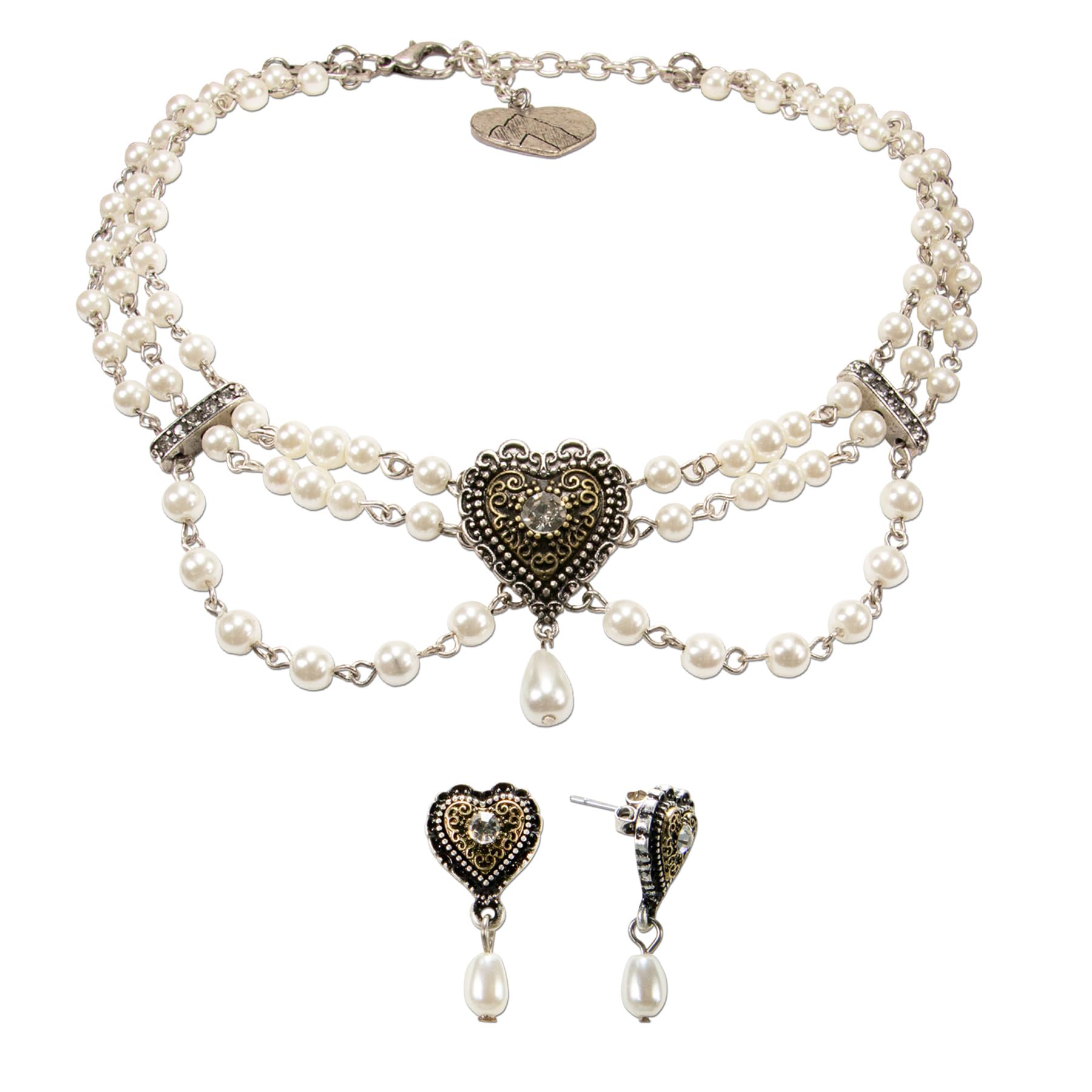 Alpenflüstern Trachtenschmuck-Set Perlen-Korpfkette und Trachten-Ohrstecker Trachtenherz - Damen Trachten-Schmuck Trachtenset Dirndl-Kette und Trachten-Ohrringe (creme-weiß) SET057
