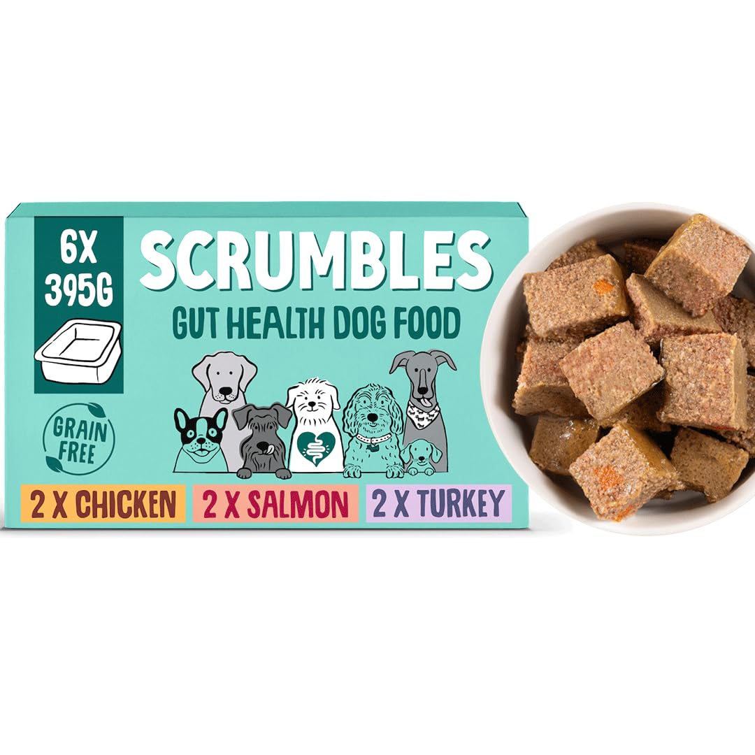 Scrumbles • Wet Dog Food • Hypoallergenic • All Lifestages • Meat and Fish Selection Multipack • 2.37kg (6 Trays x 395g) • Natural Complete Adult Recipe • Gut Friendly Prebiotics