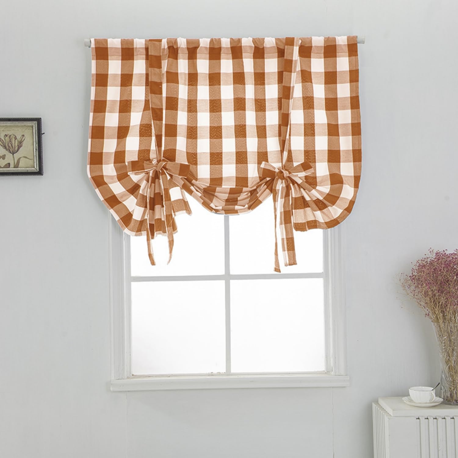 Easnea Orange Buffalo Plaid Tie Up Curtains Farmhouse Curtain Valance Kitchen Window Curtain Shade Gingham Roman Shades Rod Pocket Balloon Kitchen Curtain Panels For Bathroom (, L)