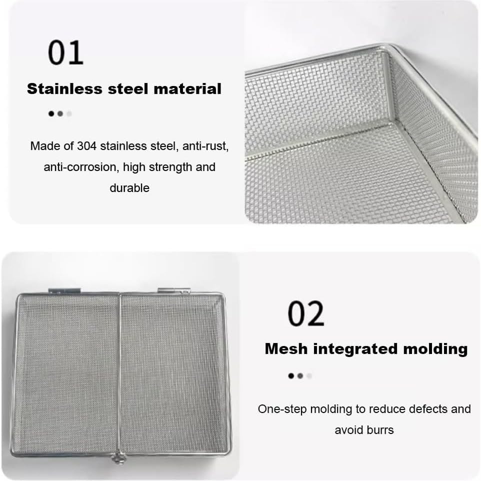 Cestas de esterilización Perforadas de Malla de 1mm Bandeja de Instrumentos quirúrgicos Caja de desinfección de Acero Inoxidable con Tapa,350×250×70mm