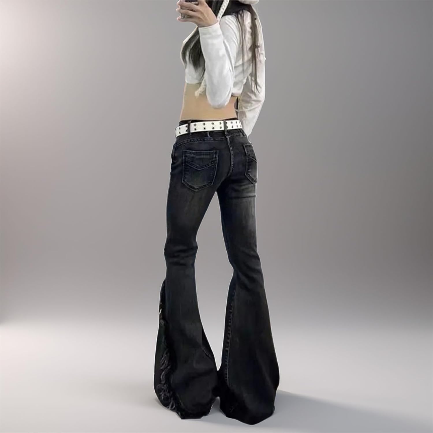 HeiBai Xiong Women Comfy Ripped Jeans Bell Bottom Pants - Trendy Low Waist Flare Goth Club Going Out