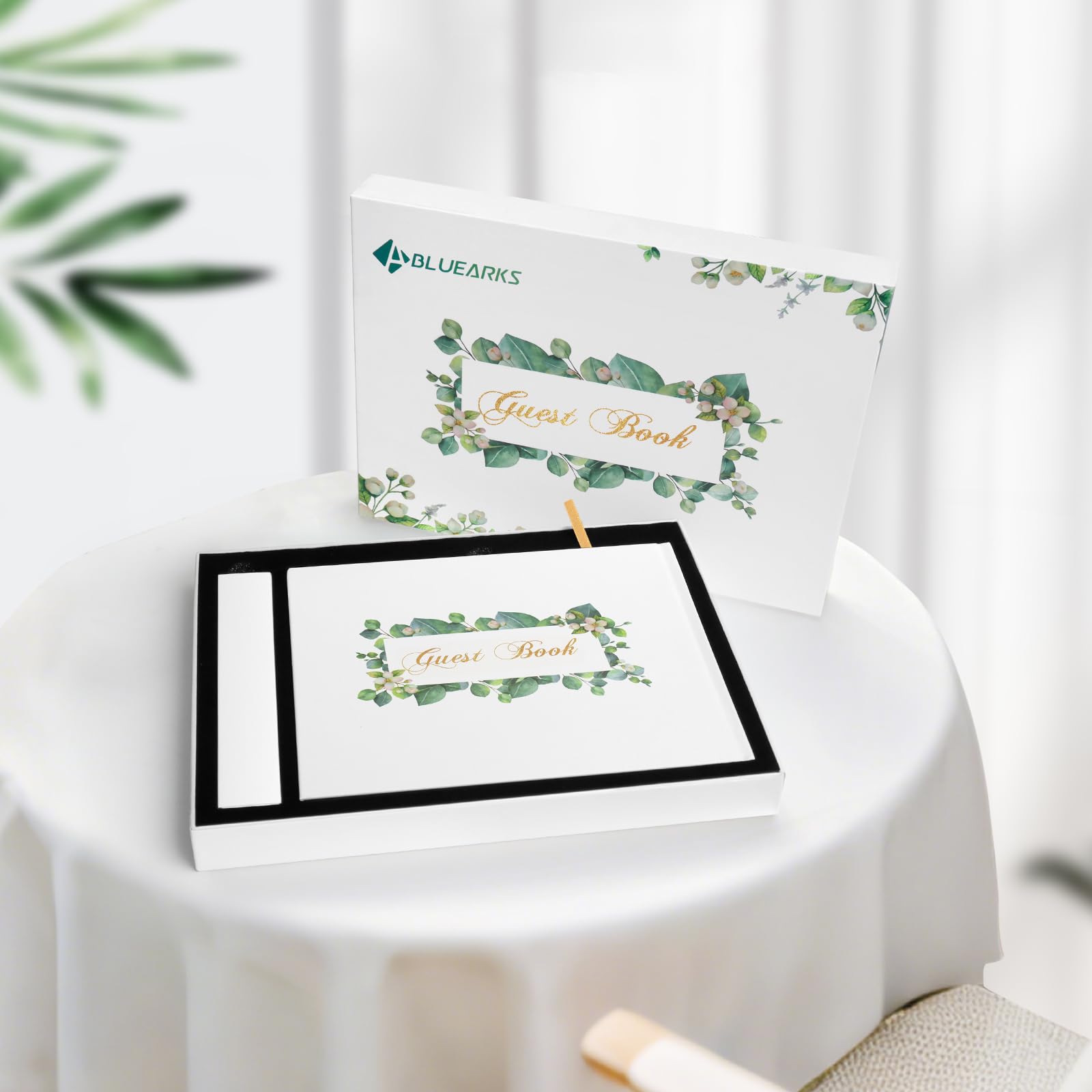 Guest Book, Wedding Guestbook, con Lamina d'oro e Bordi Dorati e Nastro d'oro, Copertina Rigida (9,1x7,1 Pollici)