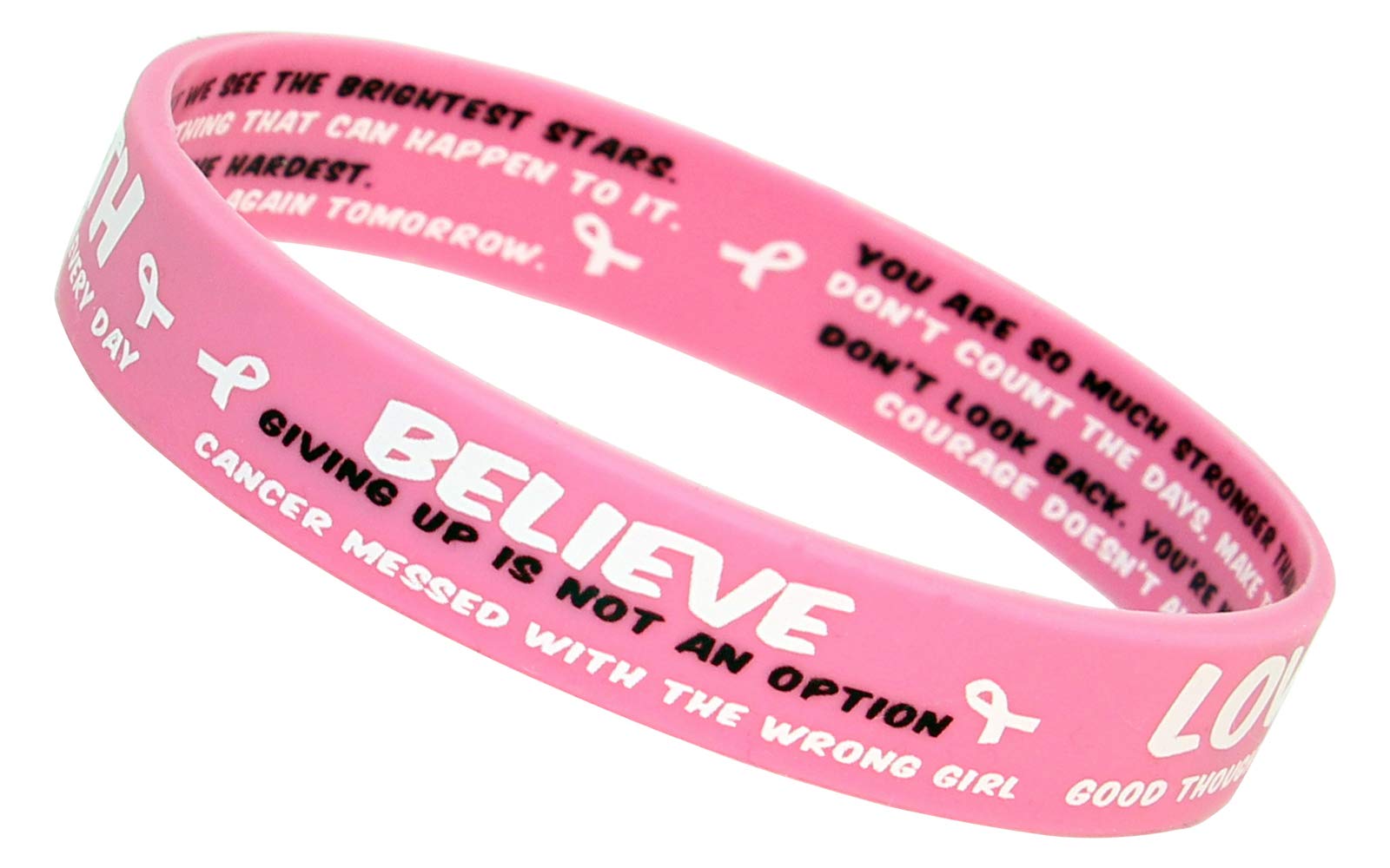 100 Pcs Breast Cancer Awareness Pink Ribbon Bracelets - Silicone Wristbands With Hope Faith Strength Courage