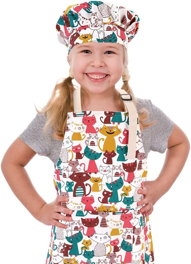 Kids Apron and Chef Hat Set, Adjustable Cotton Child Aprons with Large Pocket Cute Girls Boys Kitchen Bib Aprons for Cooking Baking Painting