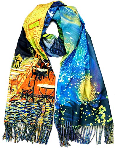 Plum Feathers Super Soft Cashmere Feel Reversible Art Shawl Scarf Van Gogh Monet Inspired (Cafe Terrace Starry Night)