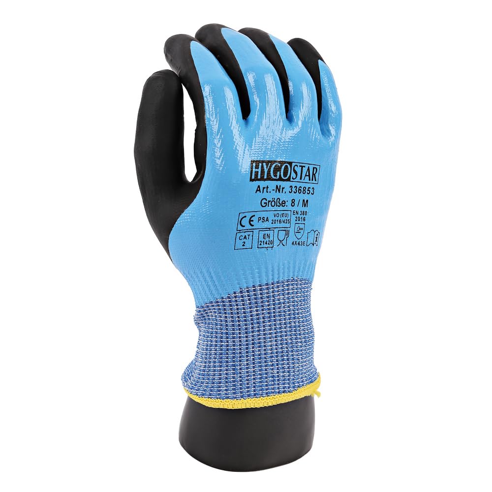 FRANZ MENSCH 240 Stück Hygostar Schnittschutzhandschuhe Cut Allfood Nitril | Nitril-Beschichtung, blau-schwarz, 7/S, L: 24cm, Karton, Arbeitshandschuhe, Schnittschutzhandschuhe, Baustellenhandschuhe