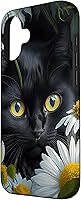 Vista 2 de iPhone 16 Black Cat with Daisies – Enchanting Floral Design Case