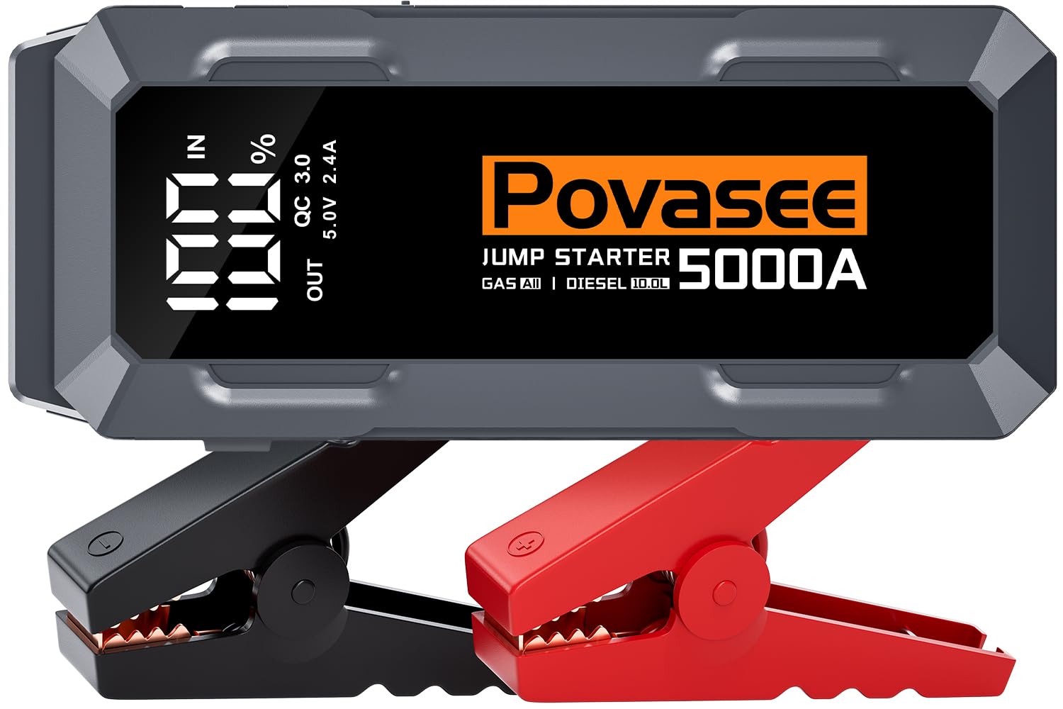 Povasee Starthilfe Powerbank, 5000A Starthilfe Auto (bis zu Alle Benzin/10L Diesel) mit 3 Zoll LCD-Display, Booster mit 2 USB-Ausgängen, Starthilfekabel und LED, Jump Starter für 12V Fahrzeuge