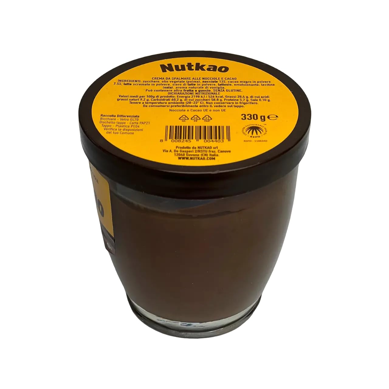 12er-Pack Nutkao Crema Cacao con Nocciole,Streichfähige Creme Kakao mit Haselnüssen,Italienische Creme, 330g-Glas + 1er-Pack Kostenlos Felce Azzurra Talkumpuder, 100g-Beutel