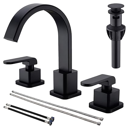 DIKUROOMS Brass Bathroom Faucet with Pop Up Drain Assembly 2 Handle 8 Inch Widespread Square Waterfall Vanity Basin Sink Mixer Tap,Matte Black