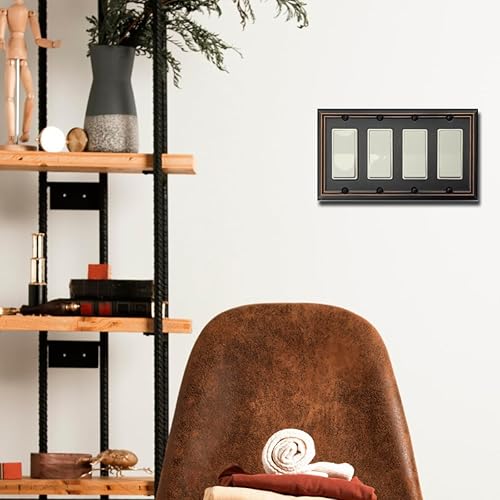 Miniatura 5 de Adler - Placa de pared de metal para interruptor de luz cuádruple decorativa, paquete de 2 unidades de bronce envejecido de 4 segmentos basculantes