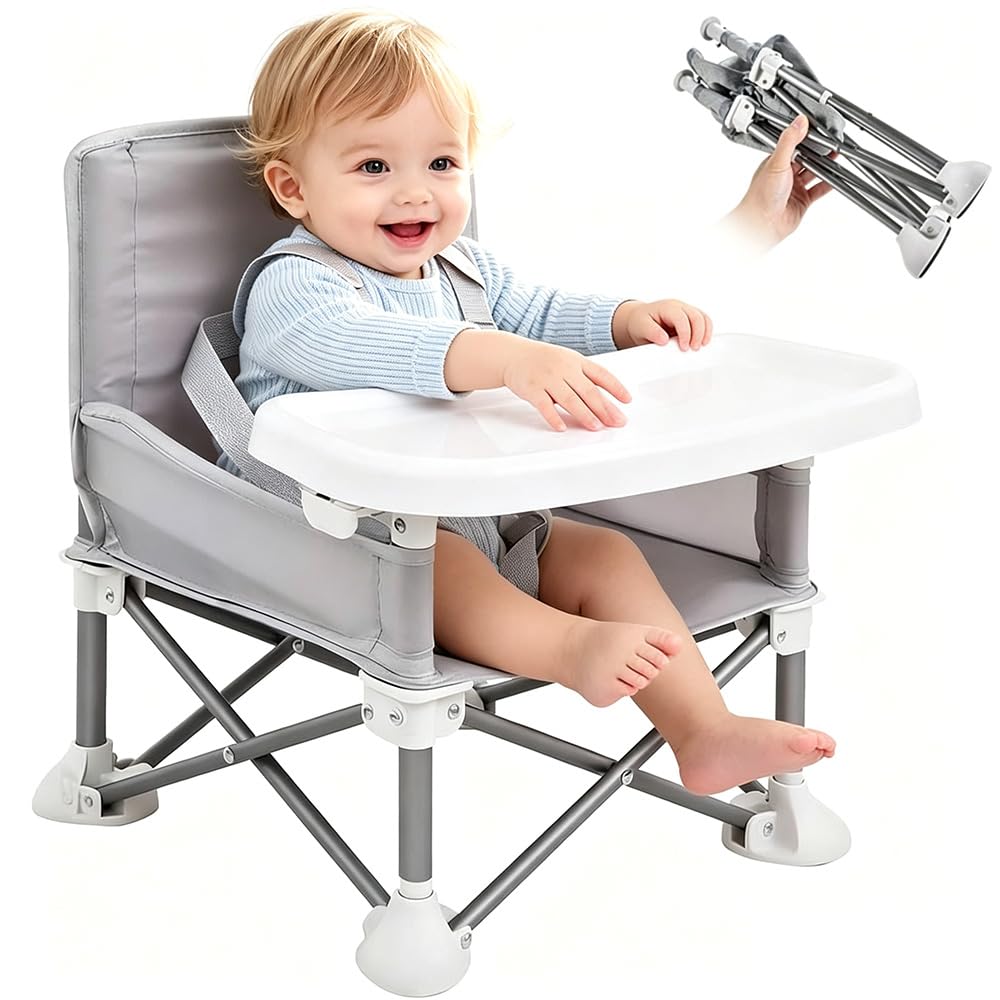 Foldable Travel High Chair Toddler Camping Chair with Tray & Bag for Dining, Camping, Beach, Seat Feeding Chair for Babies 6 Months+