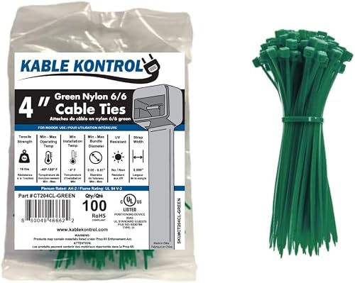 Kable Kontrol Green Cable Ties, 100 mm x 2.5 mm, Pack of 100, 4'' Premium Nylon Zip Ties, Multi-Purpose Plastic Tie Wraps, Secure Self-Locking Mechanism, for Home, Garden, Office and DIY