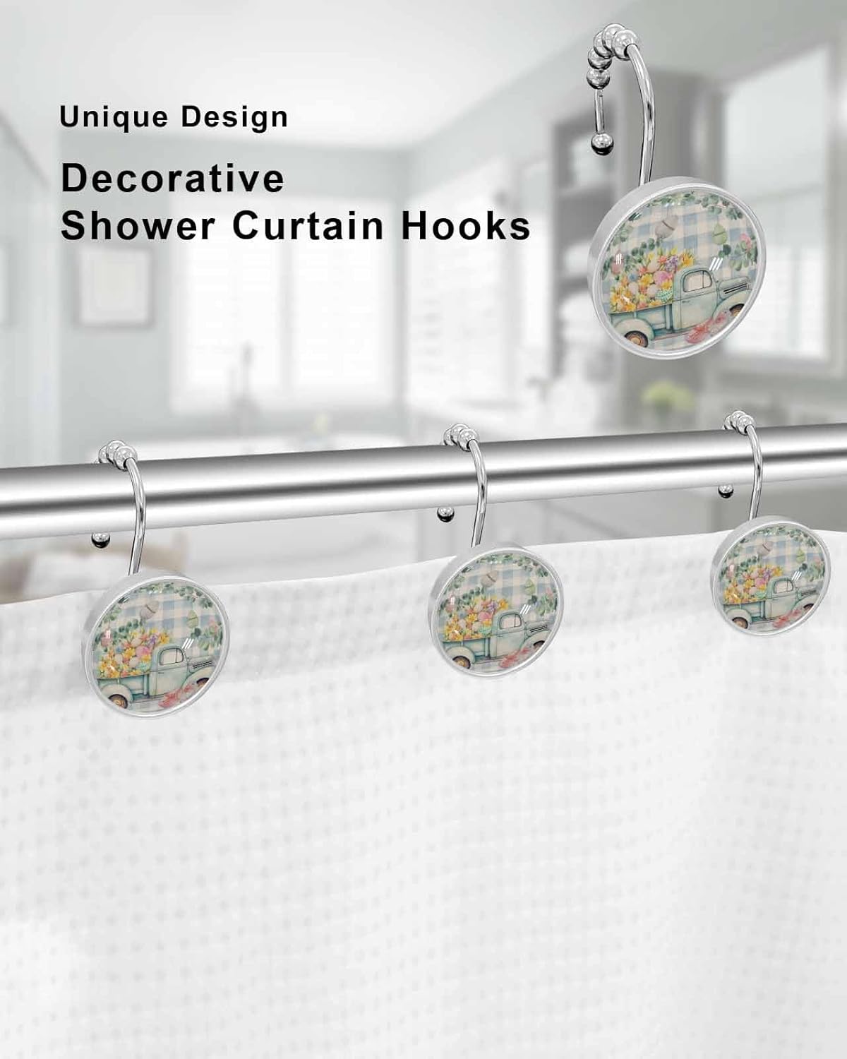 Shower Curtain Hooks 12 Pcs, Easter Truck Pull Eggs Eucalyptus Leaf Blue Check Plaid Stainless Steel Rust Proof Rolling Shower Curtain Rings, Decorative Shower Curtain Hooks Hangers for Bathroom