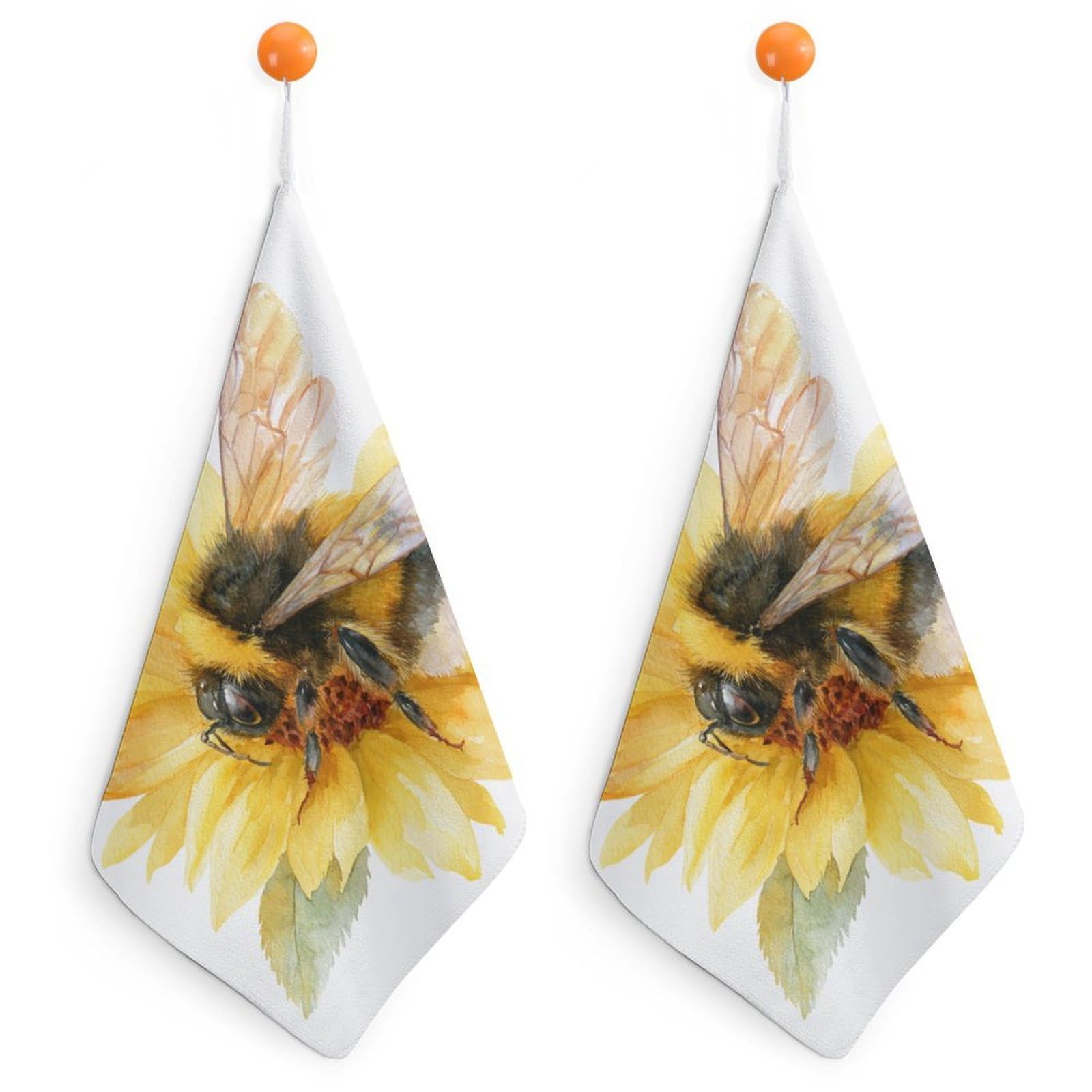 Watercolor A Bee on Sunflower Petal Small Hand Towel with Hanging Loop 2 PCS Absorbent Soft Wash Cloth for Kitchen Bathroom