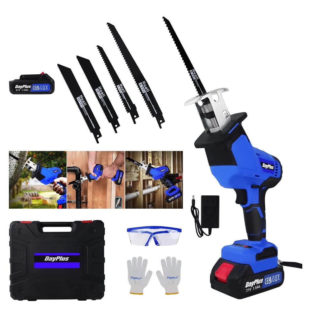Sierra alternante inalámbrica de 21 V, sierra de sable eléctrica de 3000 rpm, 4 hojas de sierra, carrera de hoja de 7/8 pulgadas, profundidad máxima de corte de 2.6 pulgadas, ideal para corte de