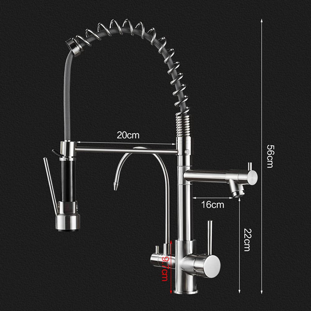 Grifo de cocina de 3 vías con filtro de agua, grifo mezclador para fregadero de cocina, llenador de ollas y caño con resorte, manguera extraíble, rociador, grifo mezclador para fregadero, purificador