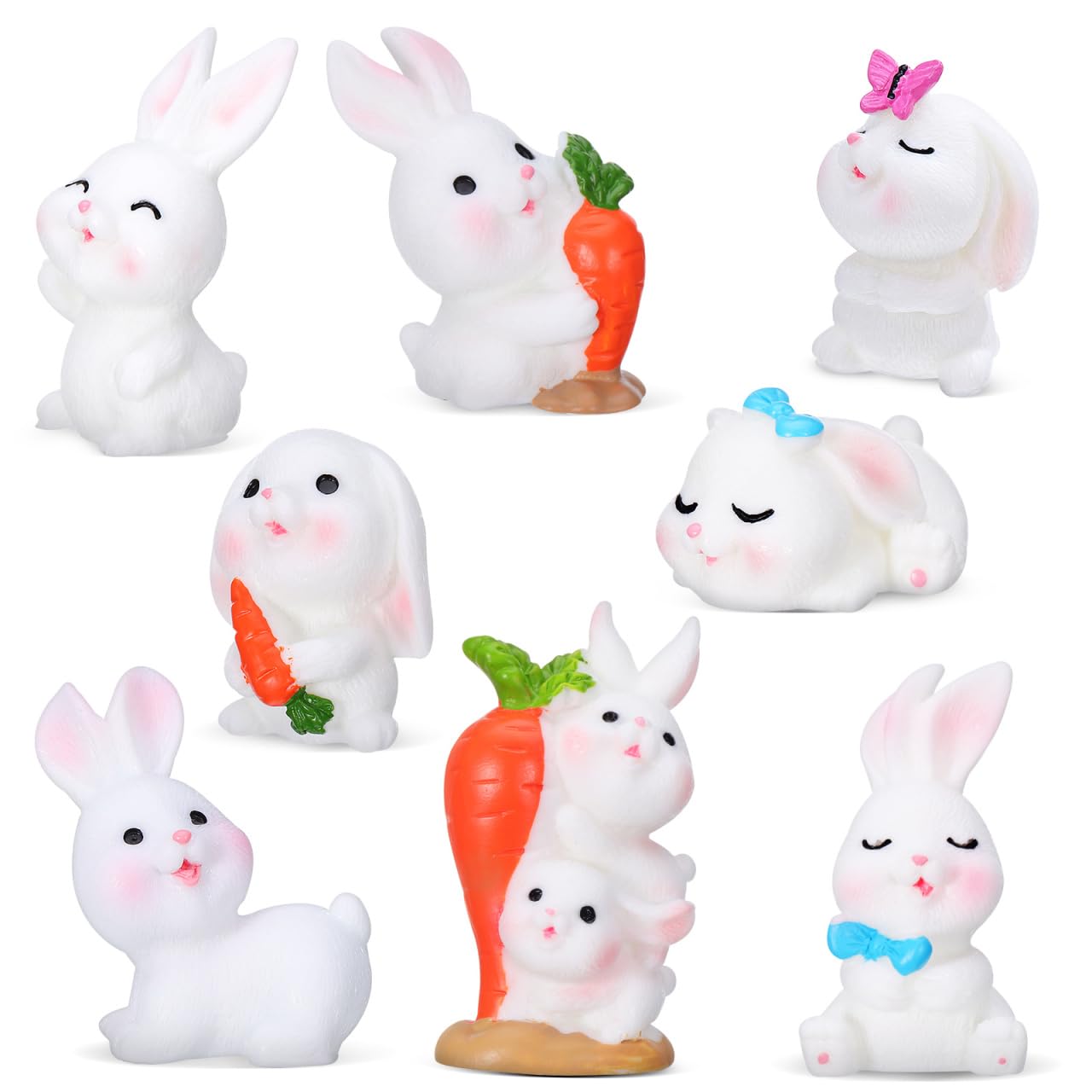 8Pcs Mini Bunny Figurine Resin Rabbit Statue Easter Cupcake Toppers for Micro Fairy Garden Decor Easter Party Favors