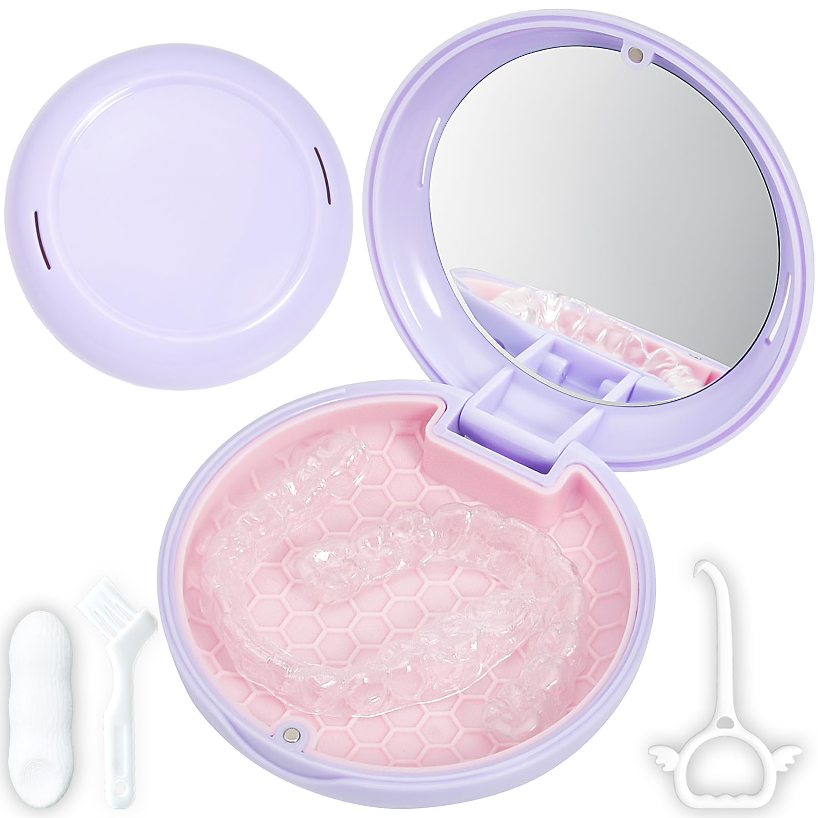Gaboolo Retainer Case with Mirror,Slim Aligner Case with Vent Holes,Cute Dental Brace Box with Retainer Removal Tool and Brush (Purple Pink)