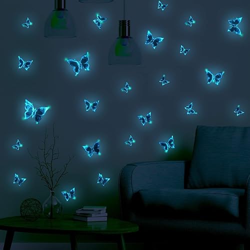Miniatura 7 de Quanhaigou 24 calcomanías de pared con diseño de mariposa luminosa azul que brillan en la oscuridad, decoración de bricolaje para dormitorio de